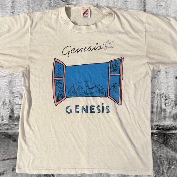Vintage Genesis Band Tee - L Jerzees T-Shirt- White 80s Tour Shirt - Picture 1 of 8